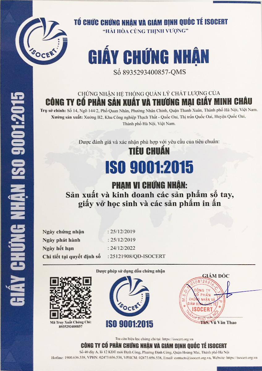 Giấy Minh Châu đã đạt tiêu chuẩn ISO 9001:2015