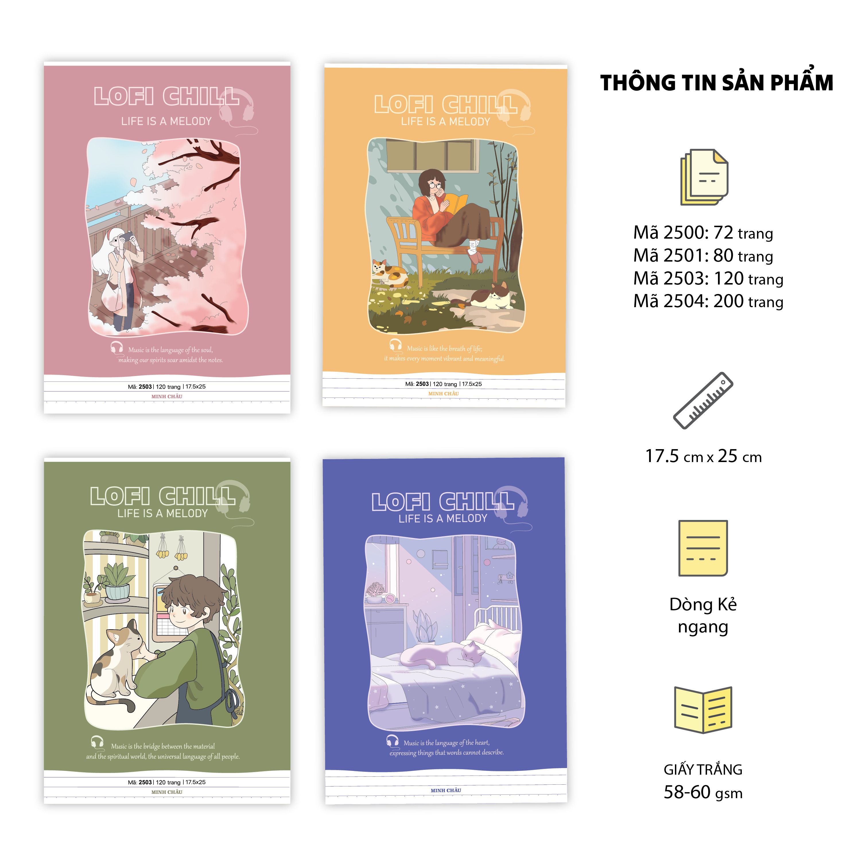 Vở kẻ ngang KT 17.5 x 25 , Mẫu Lofi (Mã 2500 - 2501 - 2503 - 2504)