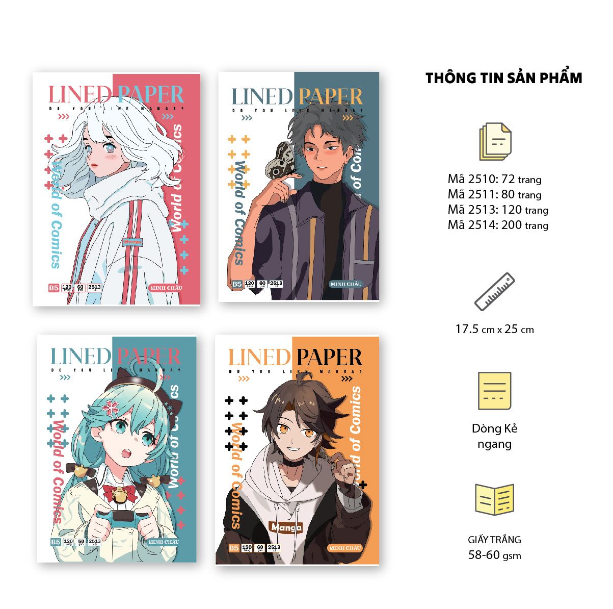 Vở Kẻ ngang KT 17.5 x 25 , Bộ mẫu Comic (Mã 2510-2511-2513-2514)