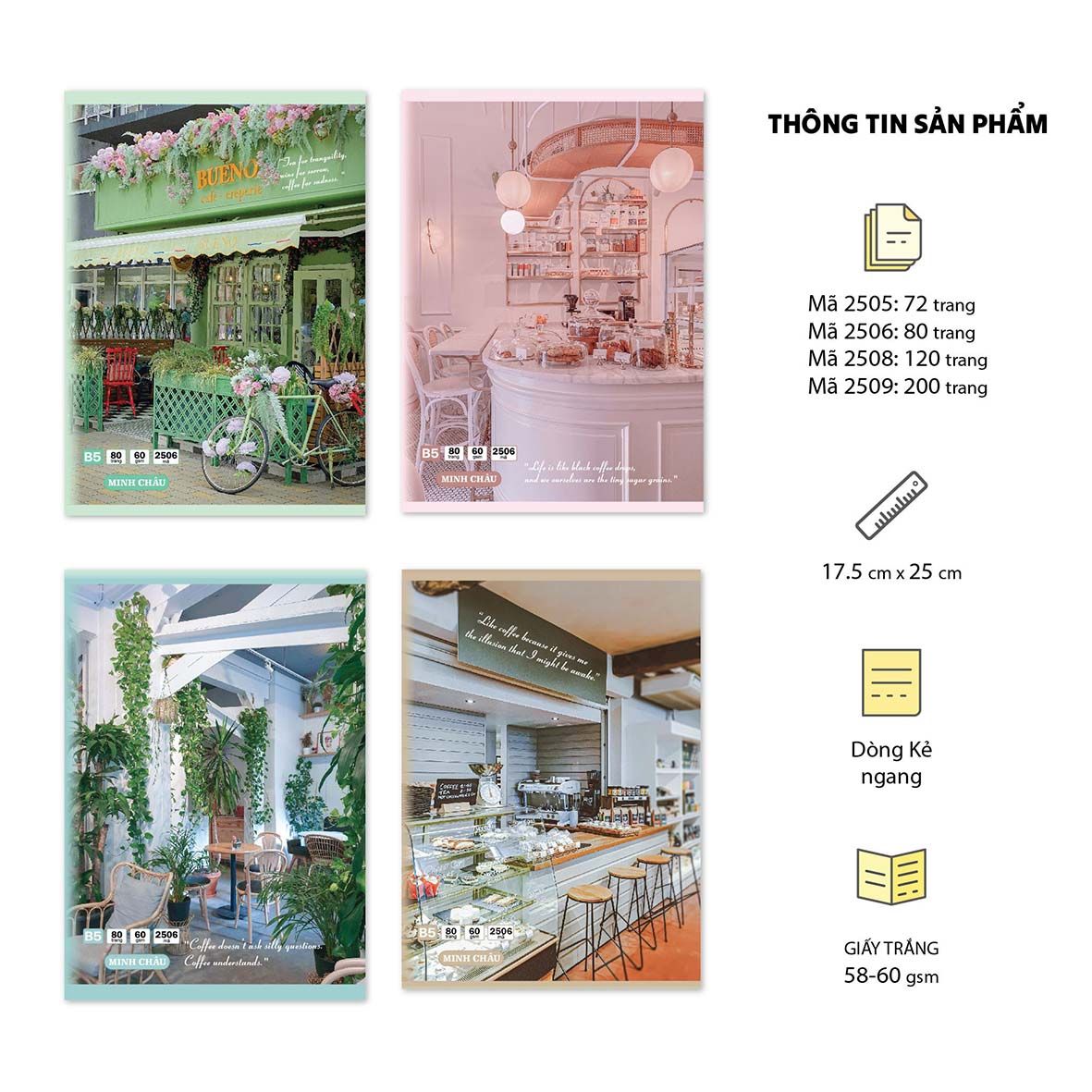 Vở kẻ ngang KT 17.5 x 25, Bộ mẫu Cafe Shop (Mã 2505-2506-2508-2509)