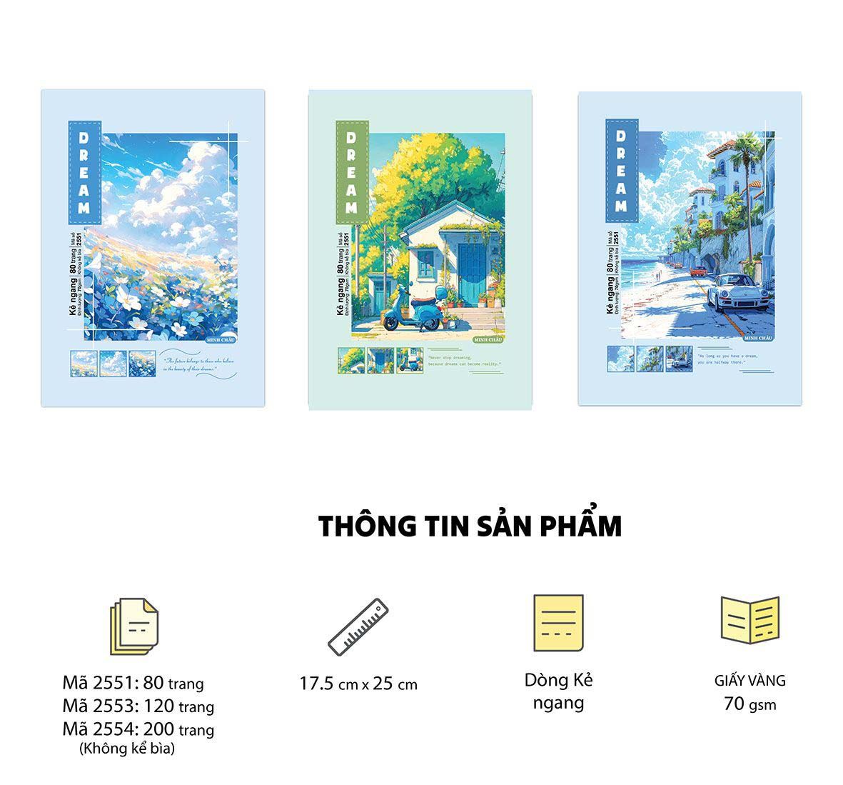 Vở kẻ ngang KT 17.5 x 25cm, giấy vàng ĐL 70 (Bộ Dream, Mã 2551-2553-2554)