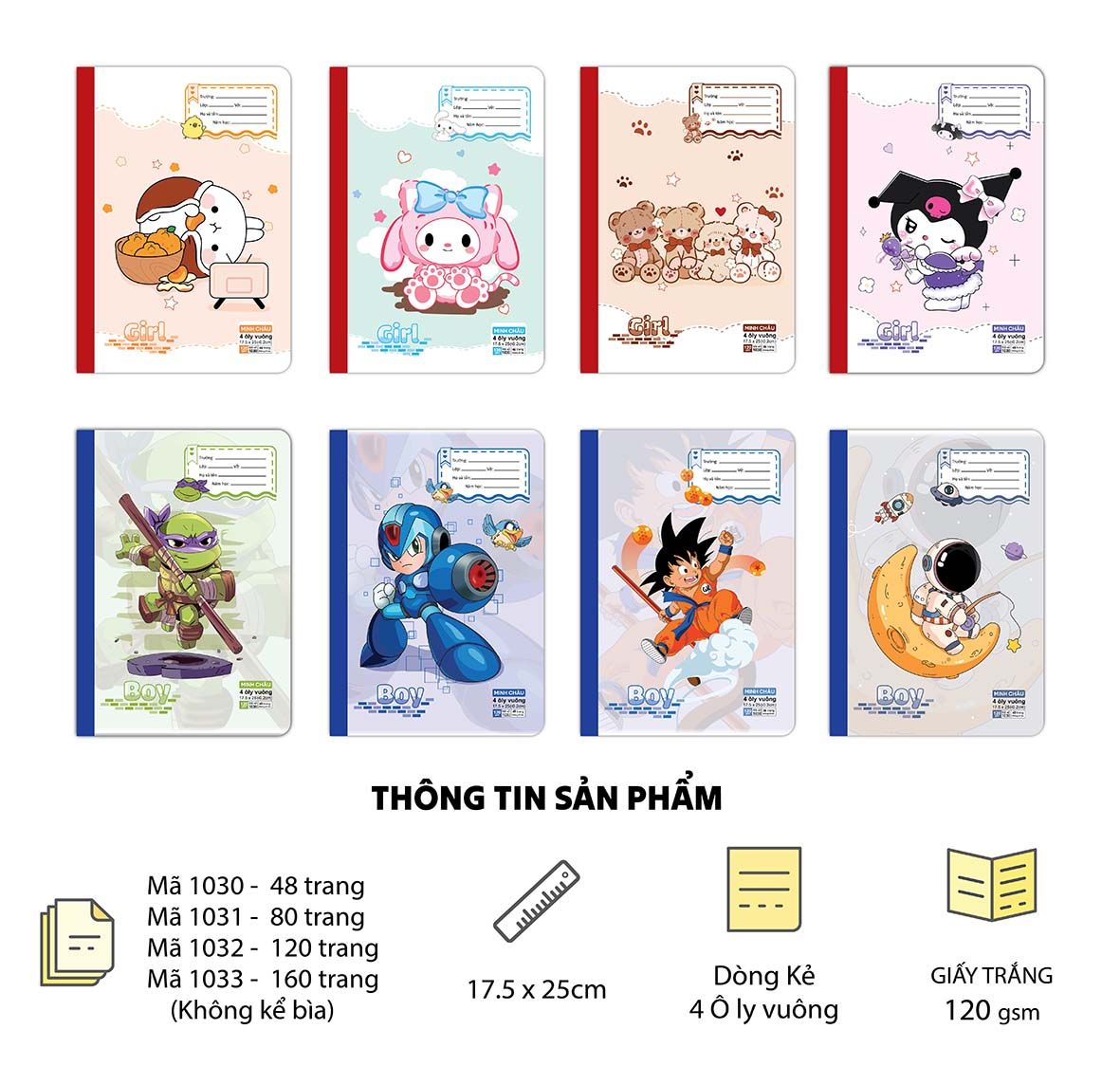 Vở Ô ly may dán gáy, 17.5x25cm, Giấy trắng ĐL 120gsm, Bộ mẫu Girl - Boy (Mã 1030-1031-1032-1033)
