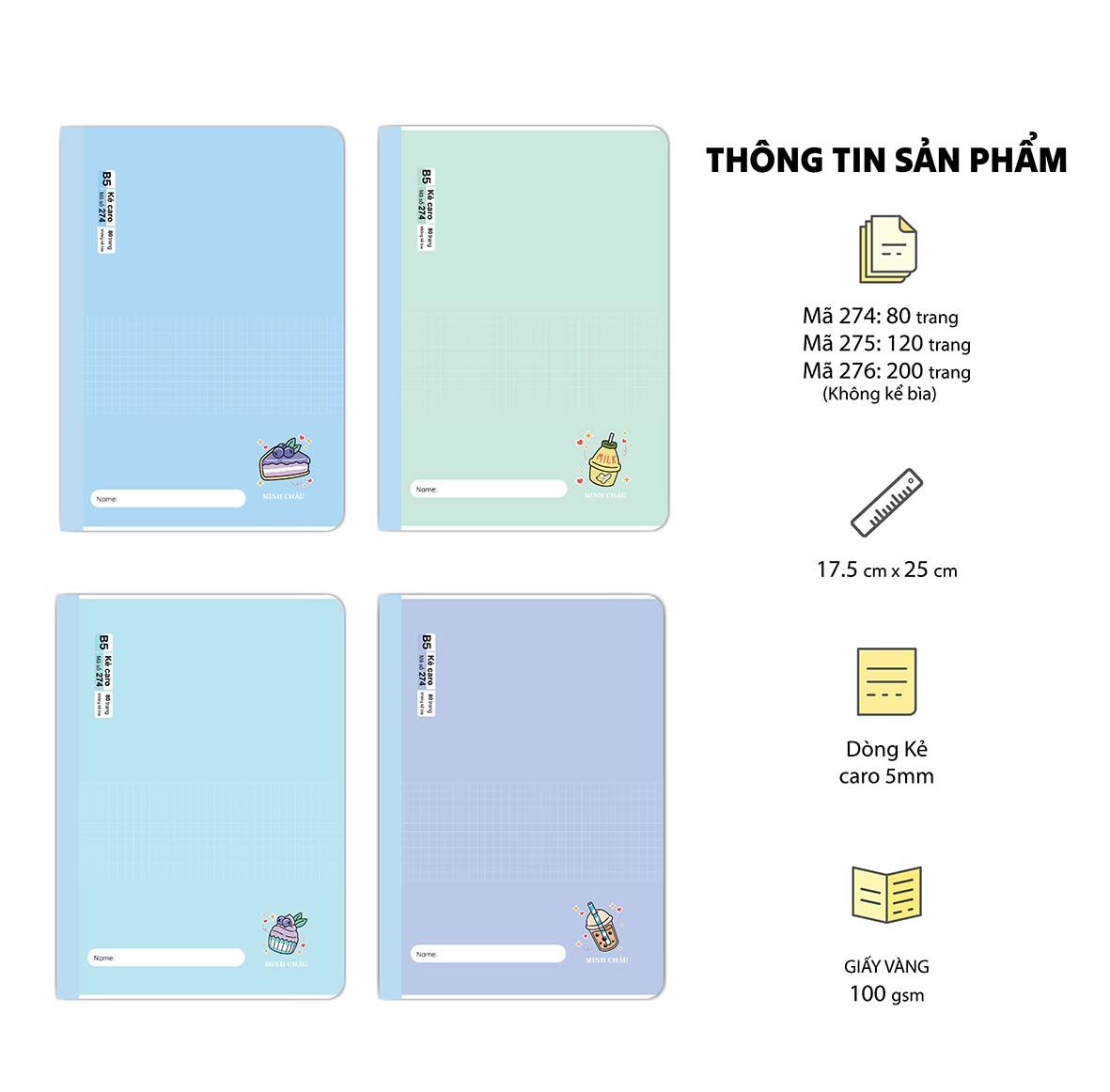 Vở kẻ caro may dán gáy, 17.5 x 25cm, giấy vàng, ĐL 100gsm (Mã số 274, 275, 276)