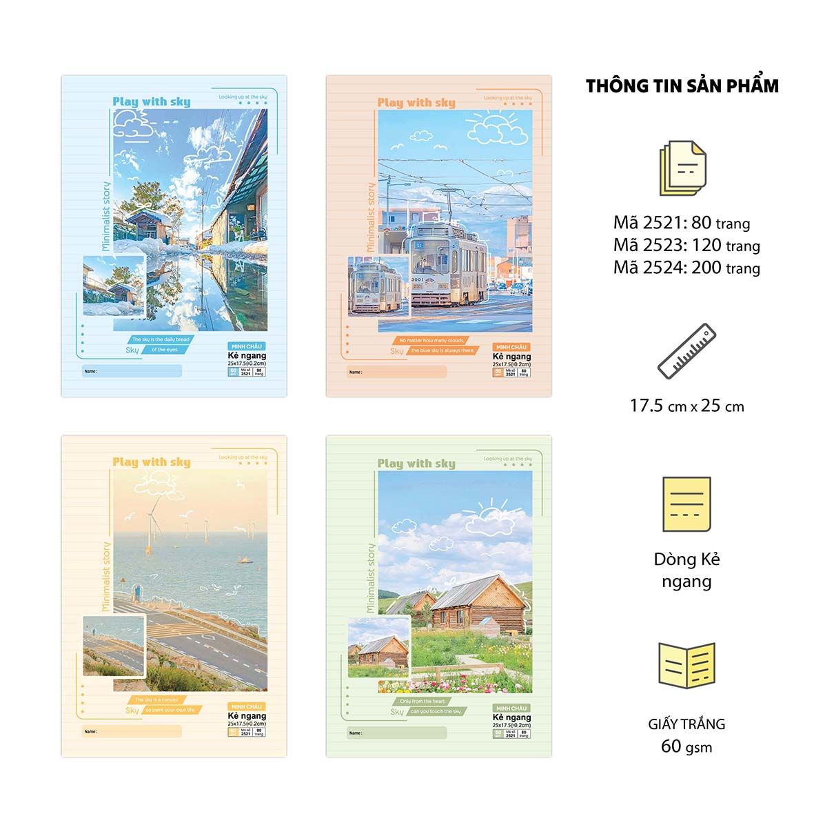 Vở kẻ ngang 17.5 x 25cm, ĐL 60, Giấy trắng (Bộ PLAY WITH SKY, Mã 2521-2523-2524)