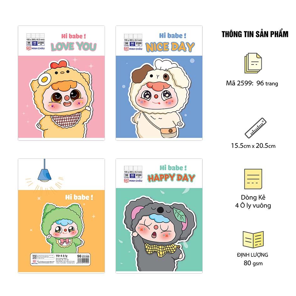  Vở 4 Ô ly ghim gáy (loại 2mm x 2mm), 15.5 x 20.5cm, Giấy trắng ĐL 80gsm, 96 trang, Bộ Hi babe (Mã 2599)