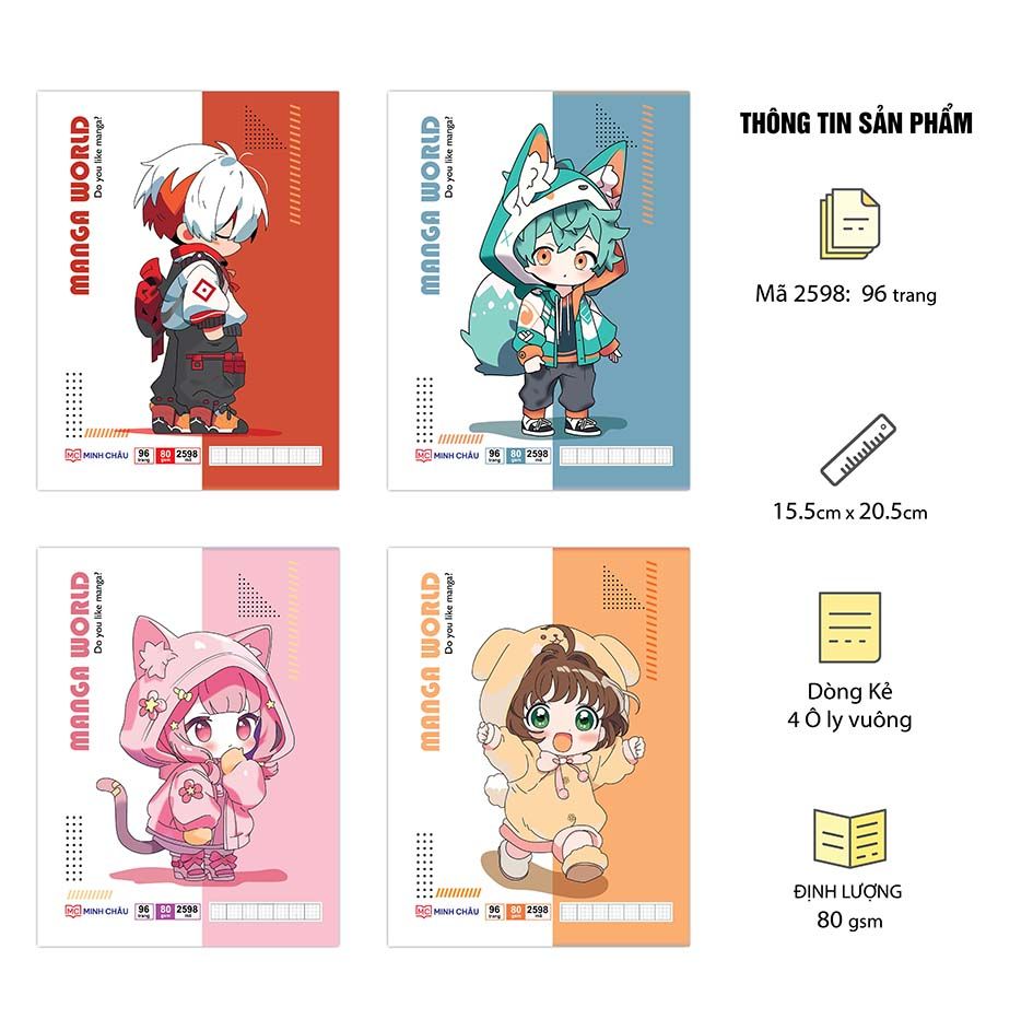  Vở 4 Ô ly ghim gáy (loại 2mm x 2mm), 15.5 x 20.5cm, Giấy trắng ĐL 80gsm, 96 trang, Bộ Manga Kid (Mã 2598)