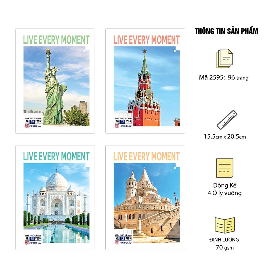 Vở 4 Ô ly ghim gáy (loại 2mm x 2mm), 15.5 x 20.5cm, Giấy trắng ĐL 70gsm, 96 trang, Bộ Live (Mã 2595)