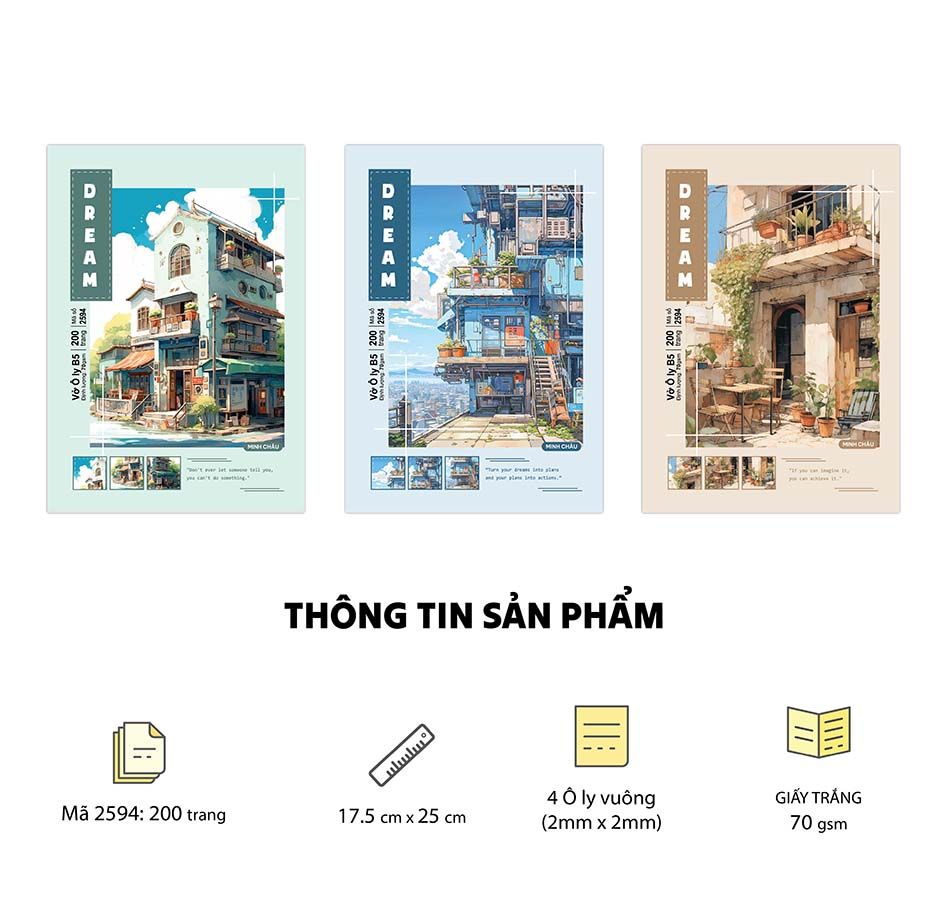  Vở 4 Ô ly ghim gáy (loại 2mm x 2mm), 17.5 x 25cm, Giấy trắng ĐL 70gsm, 200 trang, Bộ Dream (Mã 2594)