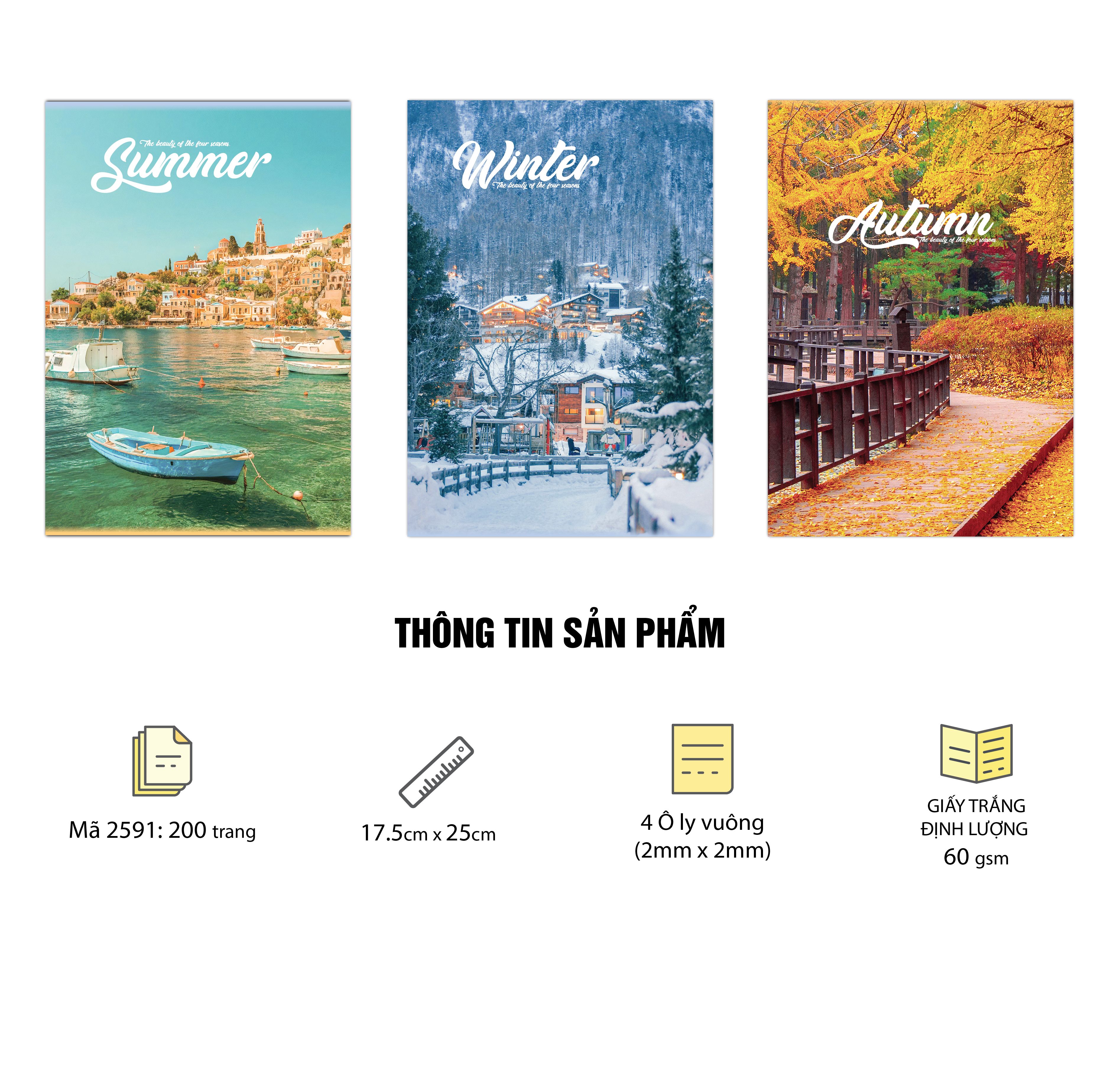  Vở 4 Ô ly ghim gáy ( 2mm x 2mm), 15.5 x 20.5cm, Giấy trắng ĐL 60gsm, 200 trang, Bộ 4 mùa (Mã 2591)