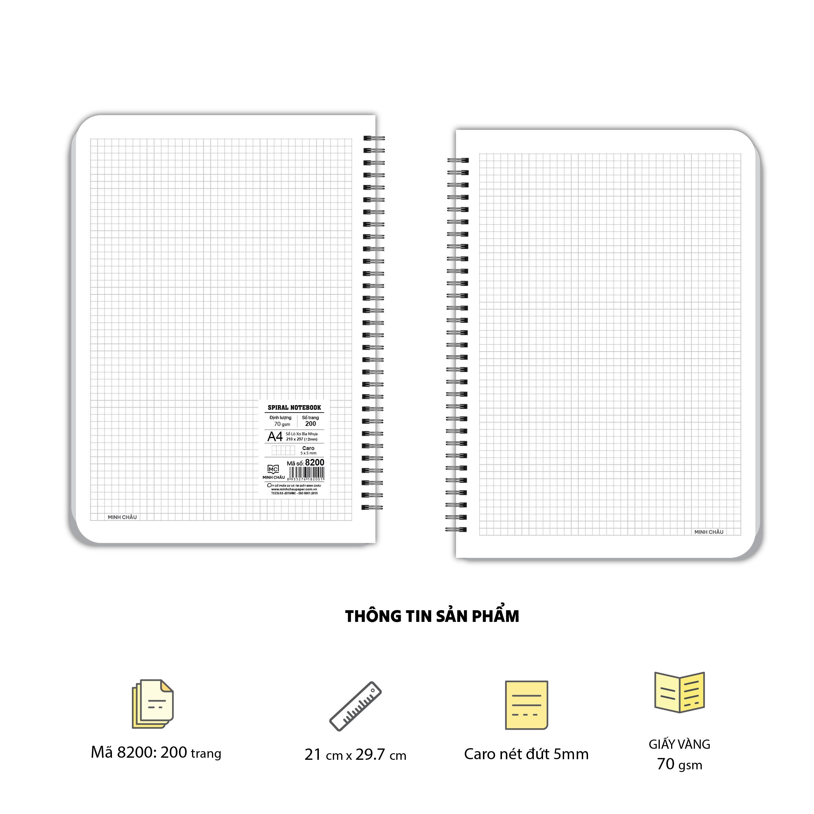  Sổ Lò xo A4 bìa nhựa, 200 trang, ĐL 70gsm (Mã 8200)