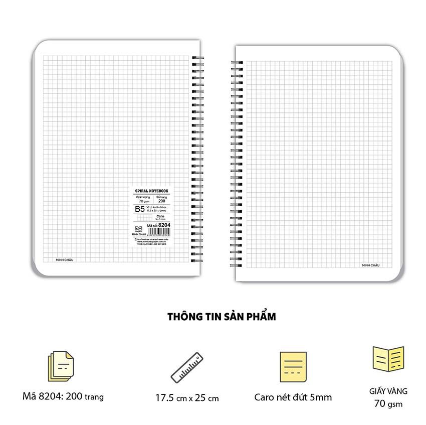  Sổ Lò xo B5 bìa nhựa, 200 trang, ĐL 70gsm (Mã 8204)