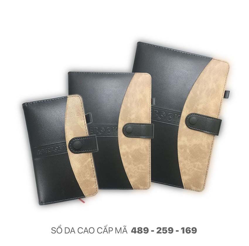 Sổ bìa da cao cấp Khuy bấm pha màu đen-đồng (Mã số: 169-259-489)